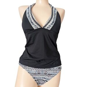 Athleta Halter Tankini Swimsuit Small Black 2 Piece Built In Cups Empire Waist
